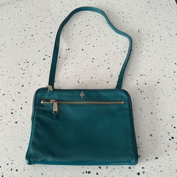 COLE HAAN JITNEY Teal Green Patent Leather Shoulder Purse Top Zip Travel Bag EUC - Picture 13 of 16